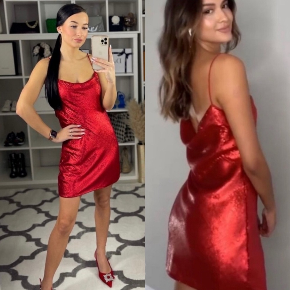 Zara Draped Back SEQUIN MINI Dress Flowing Neckline Thin Straps Red Color NEW